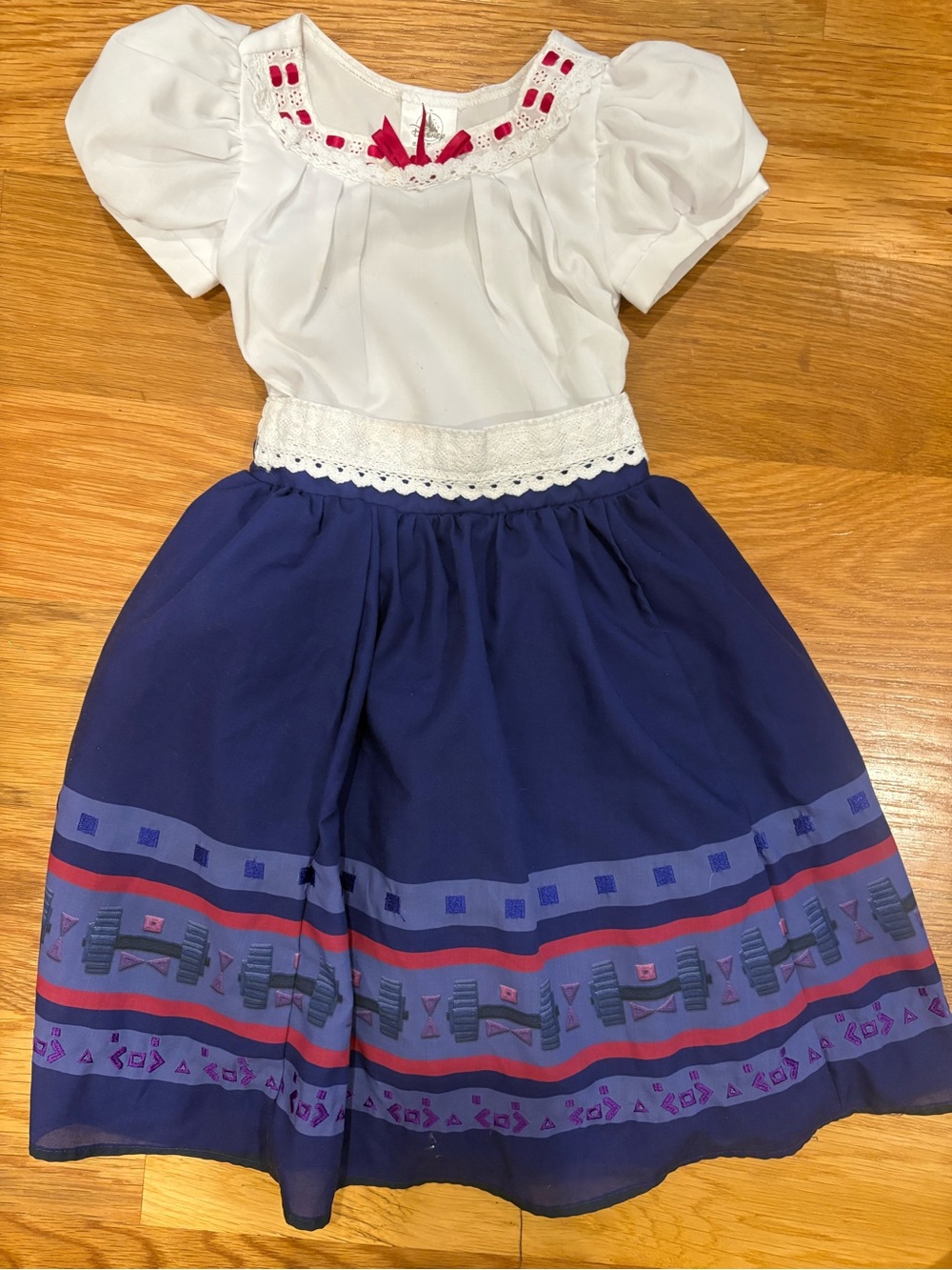 Disney White Puff Sleeve Top with Navy Printed Skirt and Red Accents